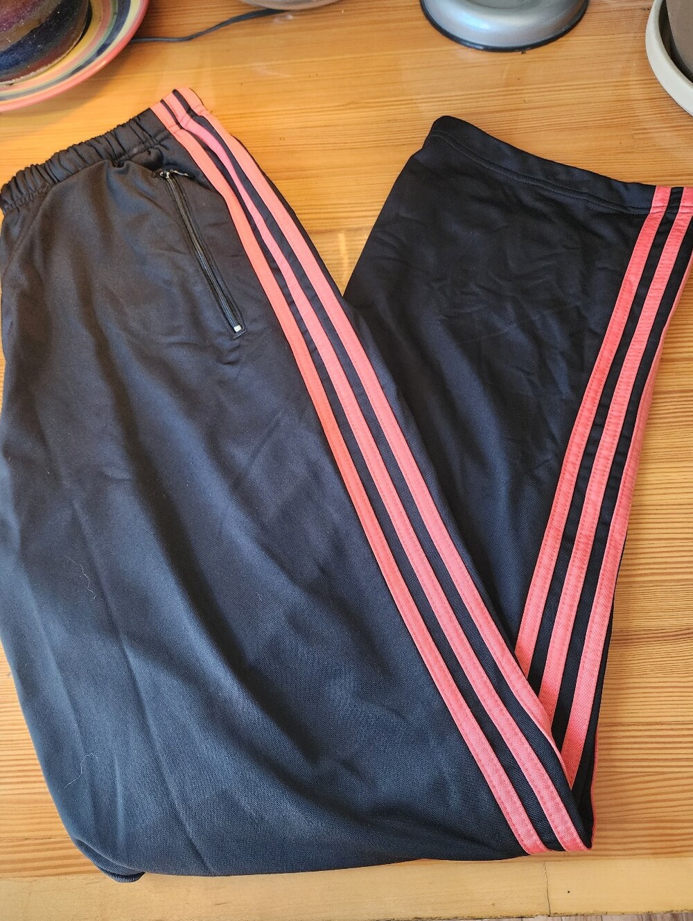Women's L Adidas Track Pants - Black With Coral Stripes AZF001 - 2000's Vibe!